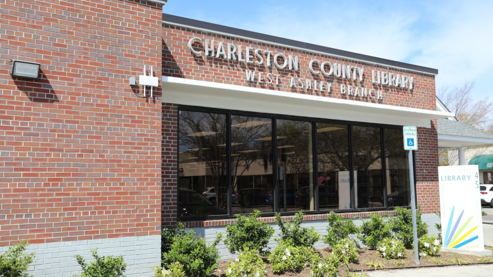 The red brick entrance to the Charleston County Library West Ashley branch, which was recently renovated.