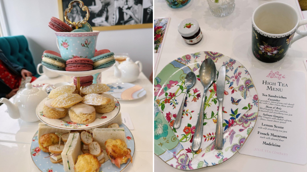 Two images of three tiered tea tray (left) and plate and menu (right)