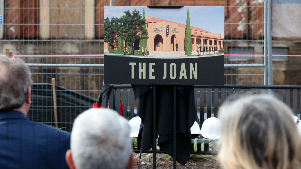 A rendering of The Joan — a new performing arts venue in San Diego — is unveiled as a crowd attends a groundbreaking ceremony.