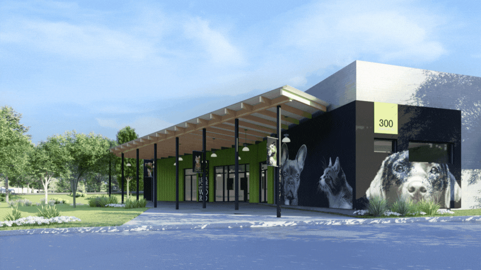 A GIF showing renderings of the proposed campus expansion for the Greenville Humane Society.
