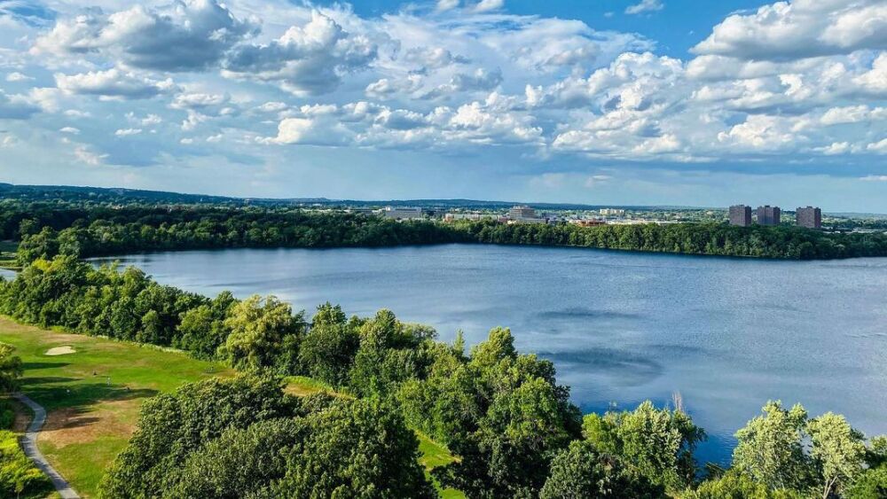 A drone shot of the river, located next to the Cambridge golf course.