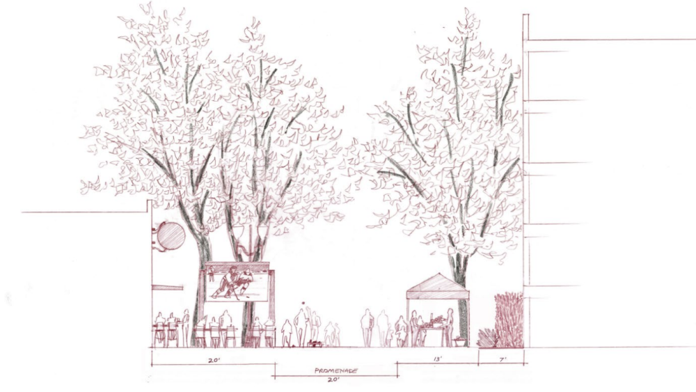 A sketch proposing the open-mall layout of San Pedro Street.