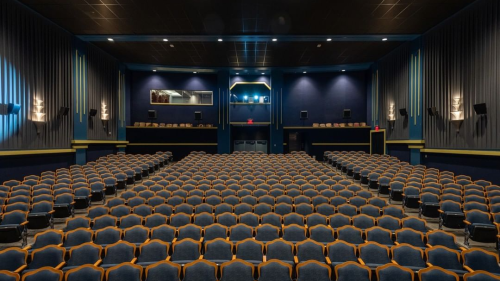 Photo of the interior of a theater with navy furnishings