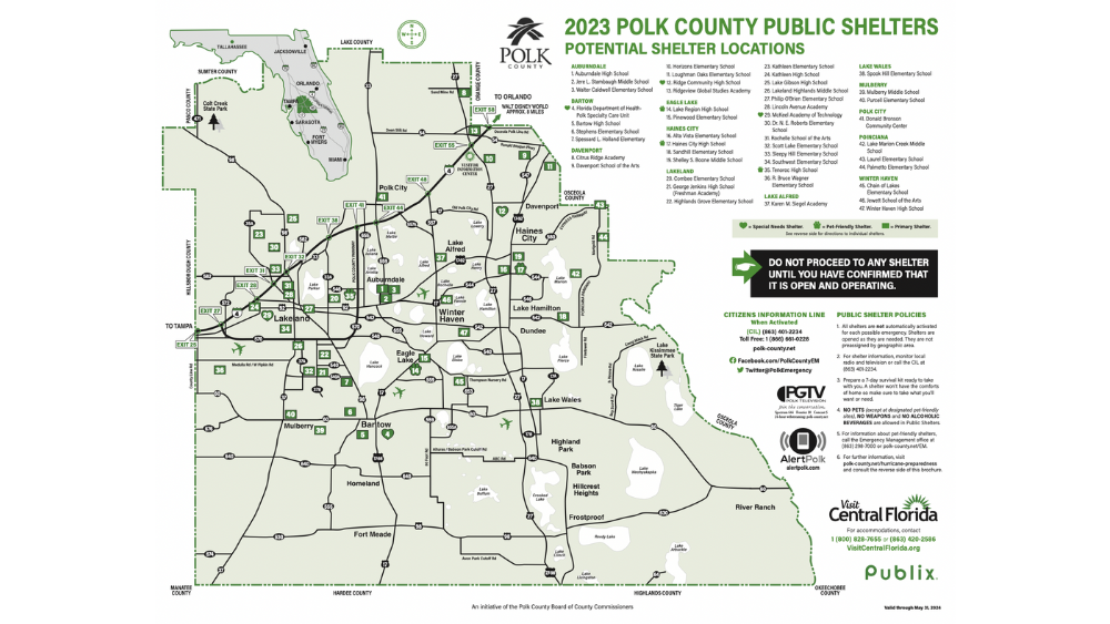 A map showing the locations of hurricane shelters in Polk County with information about how to use them.