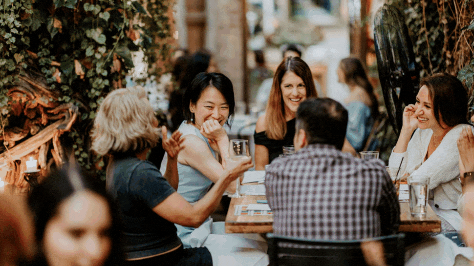 a gif featuring images of people enjoying a meal at a timeleft event