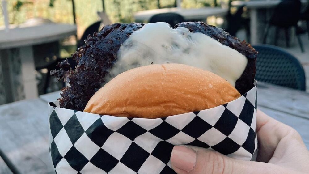 A hand holding a burger wrapped in checked paper