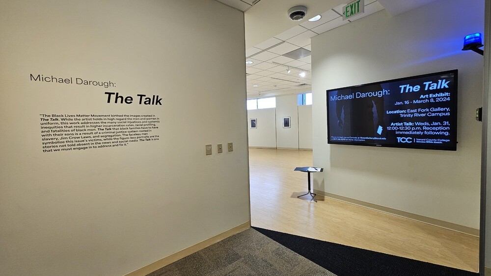 Photo of Michael Darough's "The Talk" art exhibition at TCC for Black History Month.