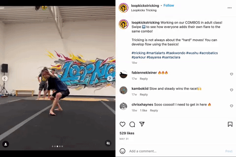 A screen recording of an Instagram post of someone doing martial arts moves at the Loopkicks gym.