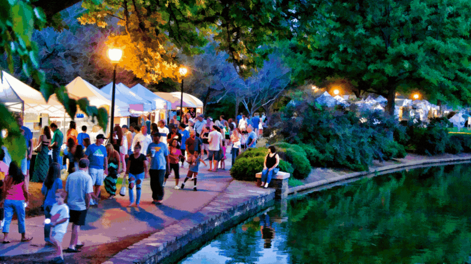 Three rotating images of a festival in a park near a lake, a pair of sneakers in an exhibition, and an empty movie theater.
