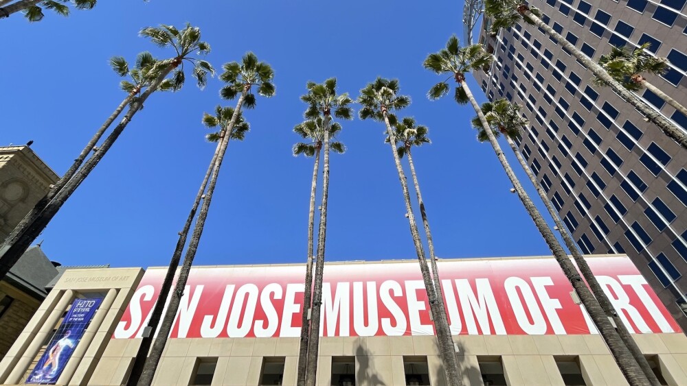 The Circle of Palms in Downtown San Jose with San Jose Museum of Art sign behind it.