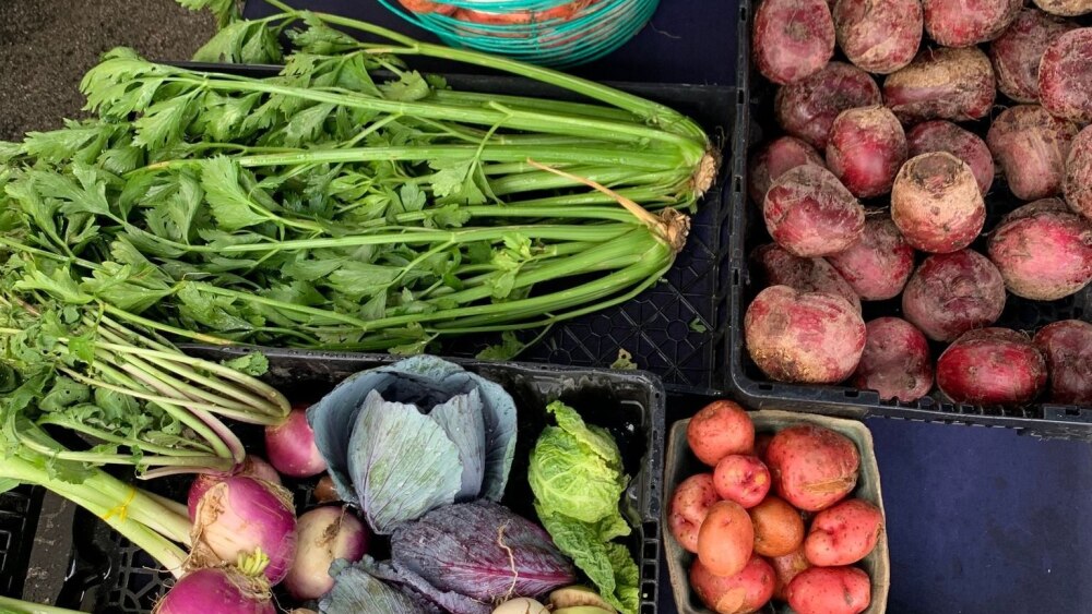 A lineup of various vegetables: potatoes, beets, greens, and herbs.