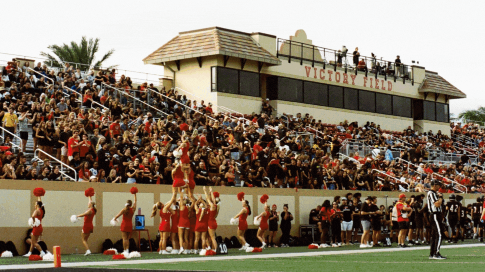 Photos 1: Cheerleaders and a crowd at a football game, Photo 2: Students walking through campus with a palm tree in the background, Photo 3: Outside of Steelman Library at Southeastern University, Photo 4: Students walking through campus, with an inflatable archway that reads SEU, Photo 5: A collage of SEU students throughout the decades.