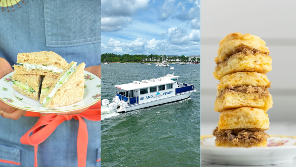 A collage shows three images: cucumber tea sandwiches on floral china, a white ferry boat cruising through blue-green waters under a partly cloudy sky, and a stack of golden biscuits filled with sausage.