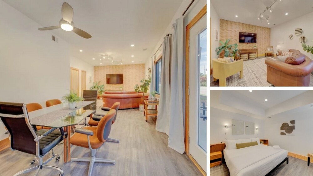 Several photos of a rental home with a meeting table and plenty of bedrooms and desks.