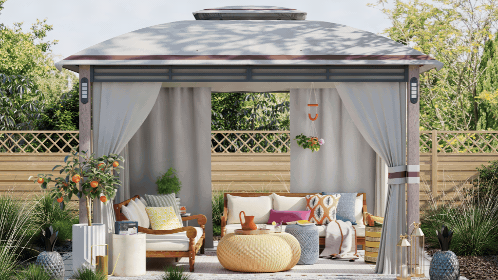 An outdoor gazebo over lounge furniture, an outdoor dining set, and two outdoor lounge chairs.