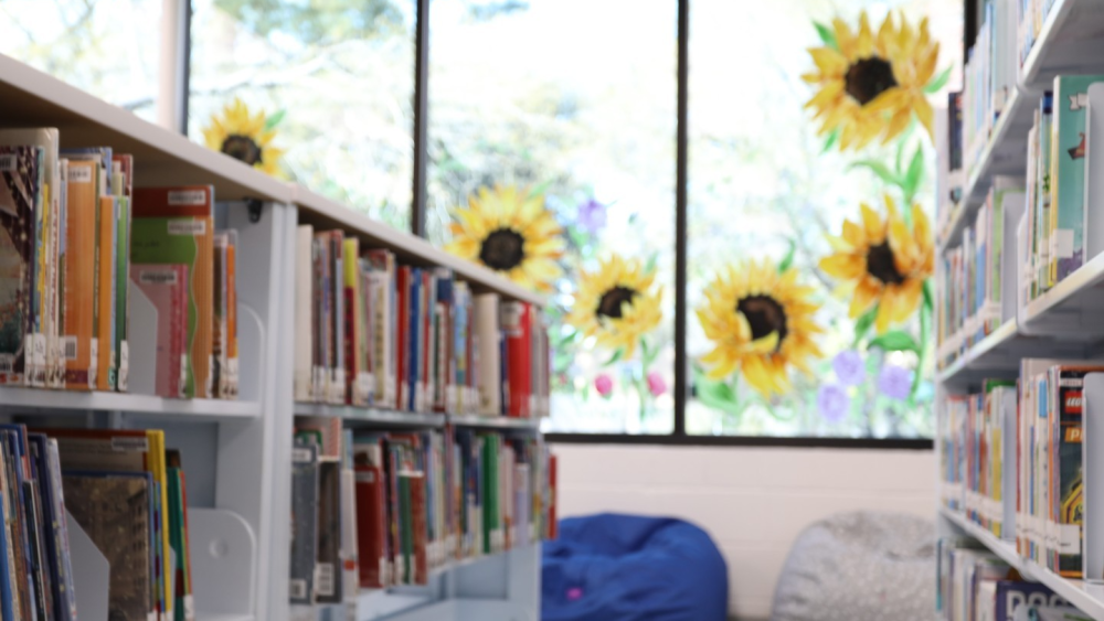 The inside of the renovated West Ashley library, including a path between two shelves neatly stacked with books. There are bean bag chairs on the floor and the windows are painted with big, pretty, yellow sunflowers.