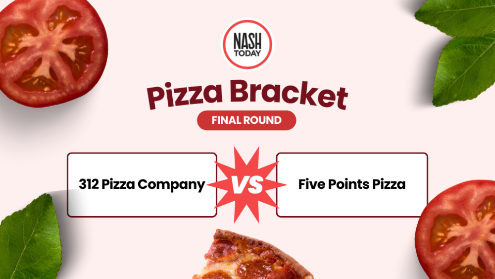 A bracket-style graphic of the Top 2 pizza spots in Nashville as nominated by NASHtoday readers, with cutouts of tomatoes and basic in the corners.