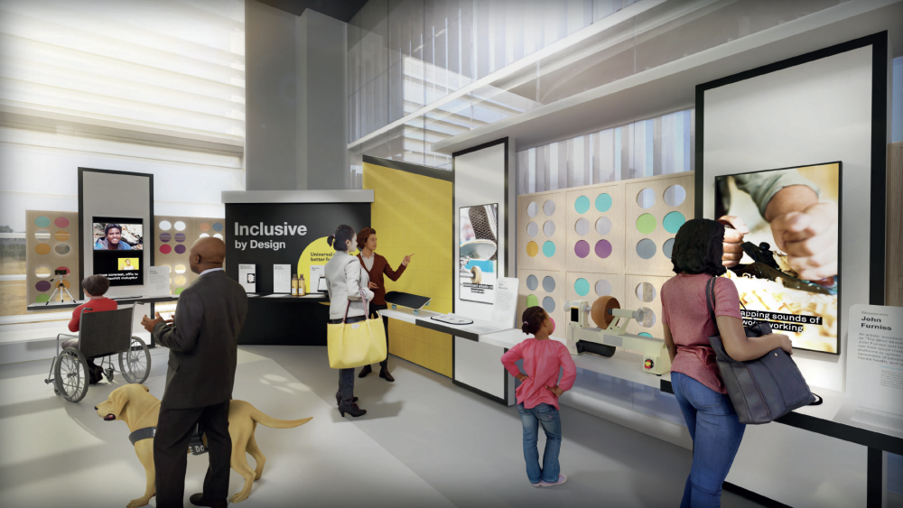 Rendering of people inside a museum with various exhibits.