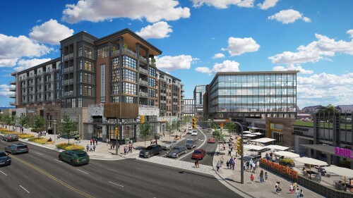 An artist's rendering of a luxury apartment complex with an active street of people and traffic below.