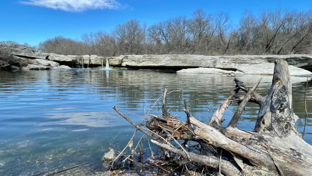 The lower falls at McKinney Falls, as seen from the opposite shore.