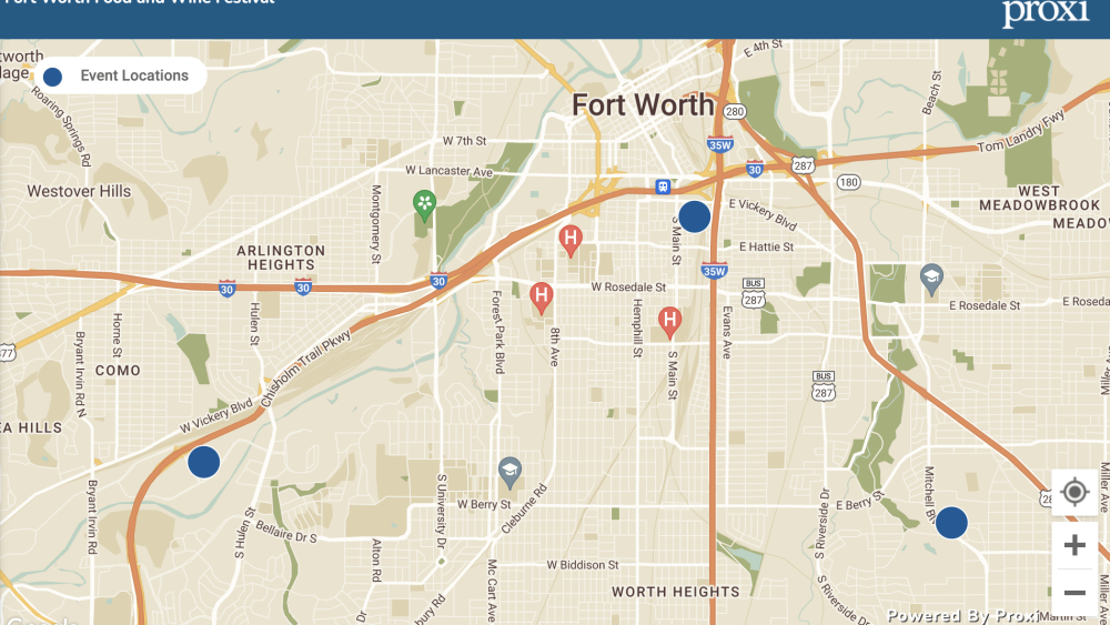 Map highlighting the FWFWF locations in Fort Worth, TX.