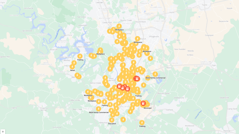 A Google Map detailing dozens of electric vehicle chargers across Austin; this is maintained by Austin Energy.