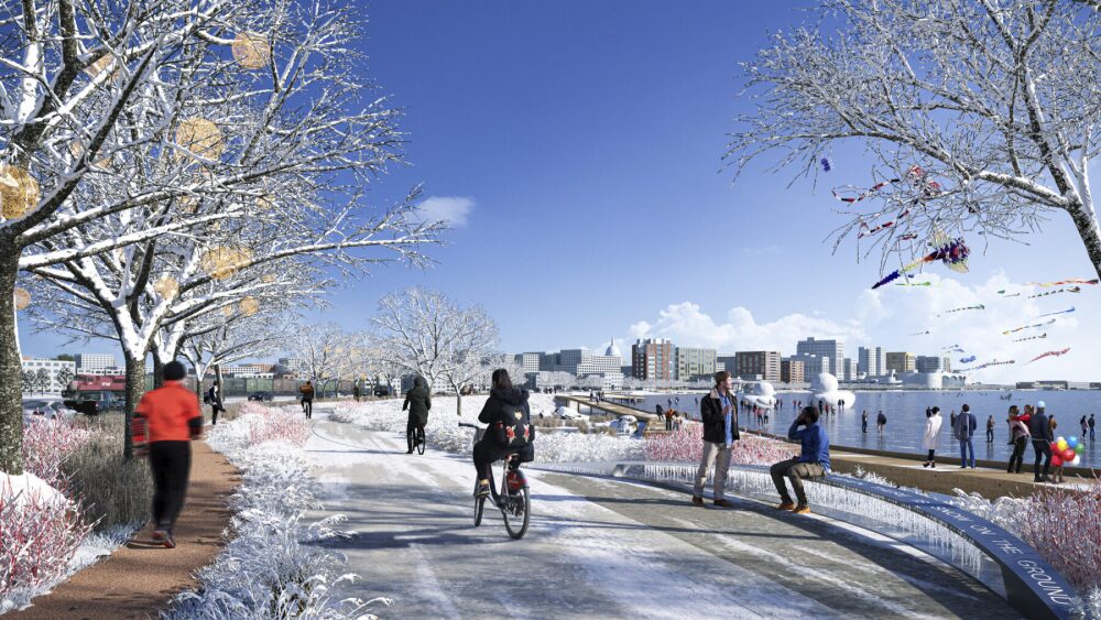 An artist rendering of a lakeside causeway in winter with joggers and bicyclists.jpg