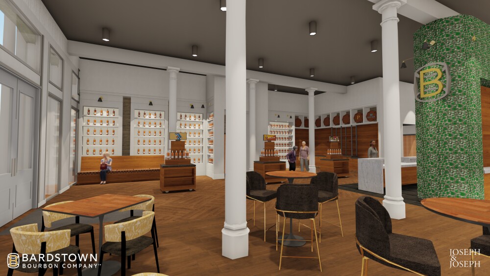 This rendering depicts the bottle shop area where customers will be able to purchase spirits. It showcases a wall of bourbons for sale.