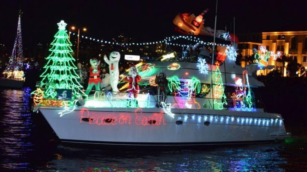 A boat decked out in holiday lights at the San Diego Bay Parade of Lights