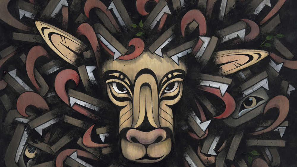 An art print that shows abstract shapes around the face of a sheep