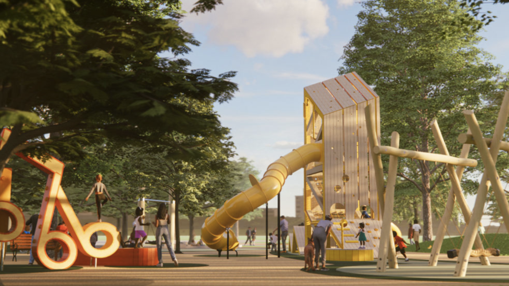 Wooden playground with a yellow tube slide and giant, orange music notes.