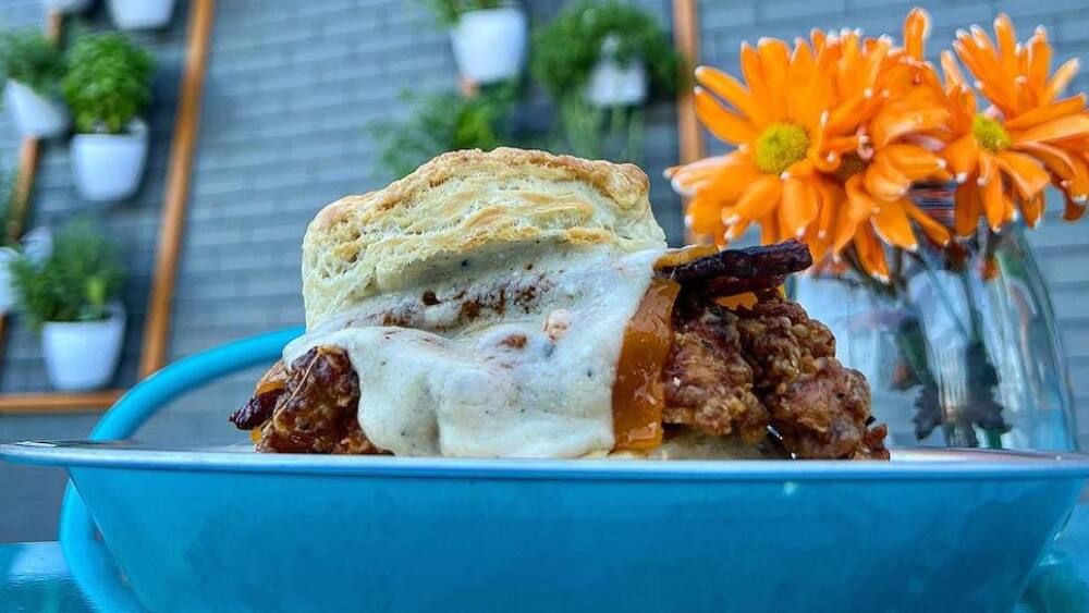 A plate with a biscuit sandwich on it