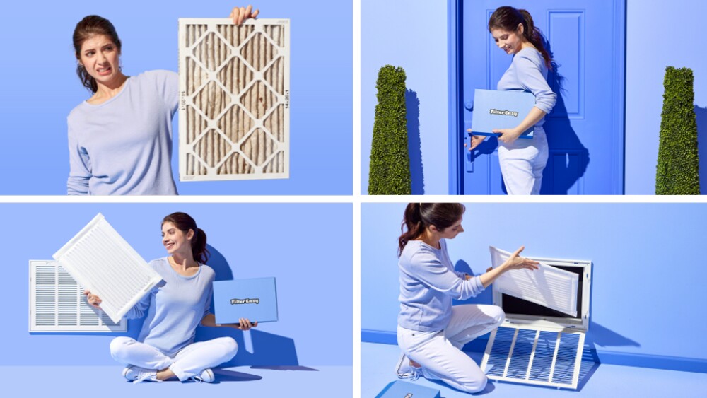 A grid with four boxes depicting a customer receiving and enjoying their Magic Filter from FilterEasy. The room is purple.