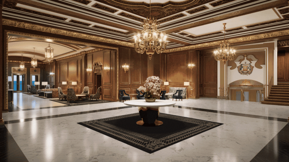 a gif featuring images of the hotel lobby, meeting rooms, and guest rooms
