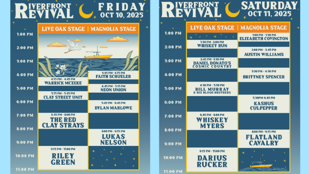 This image shows a blue, yellow, and orange schedule of artist set to preform in North Charleston.