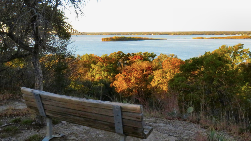 A bench overlooking Eagle Mountain Lake just north of Fort Worth, Texas. Fall is in the air, as the trees surrounding the lake have vibrant colors of orange, yellow, and green, with the sun shining on them to bring out those colors. The lake in the distance has small bits of land in the middle, with trees lining.