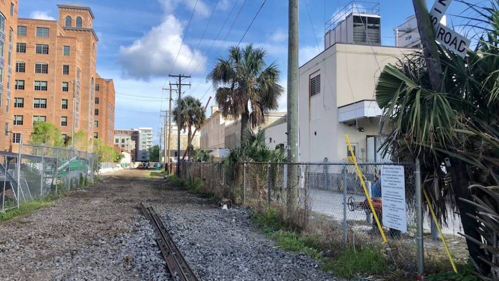 torn up railroad tracks behind the guild