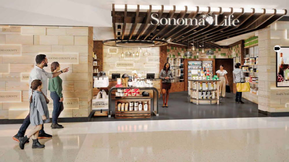 A rendering of a retail store at San Jose Mineta International Airport featuring products from Sonoma and Napa Valley.