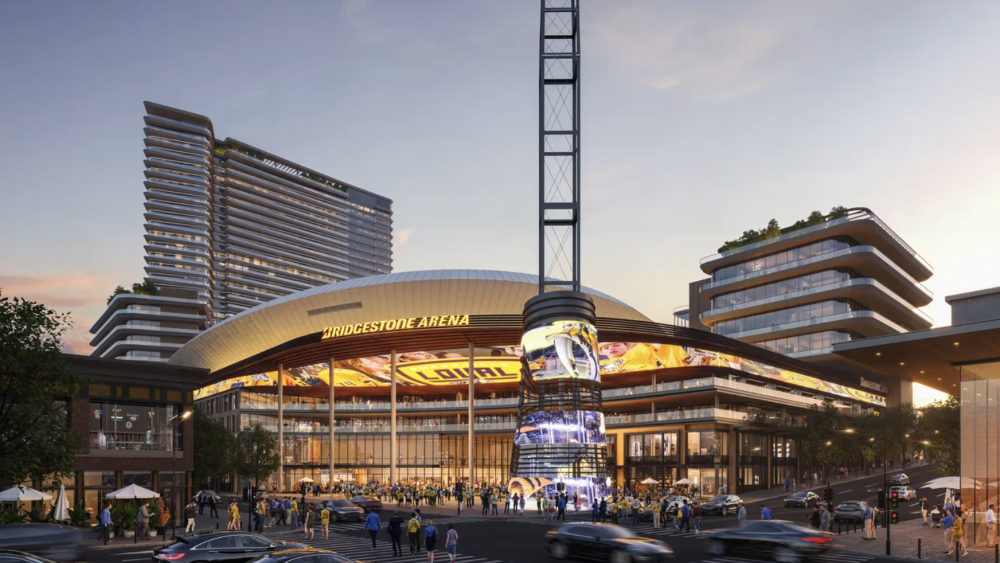 Rendering of a redeveloped Bridgestone Arena with new buildings, LED displays, and a crowd outside.