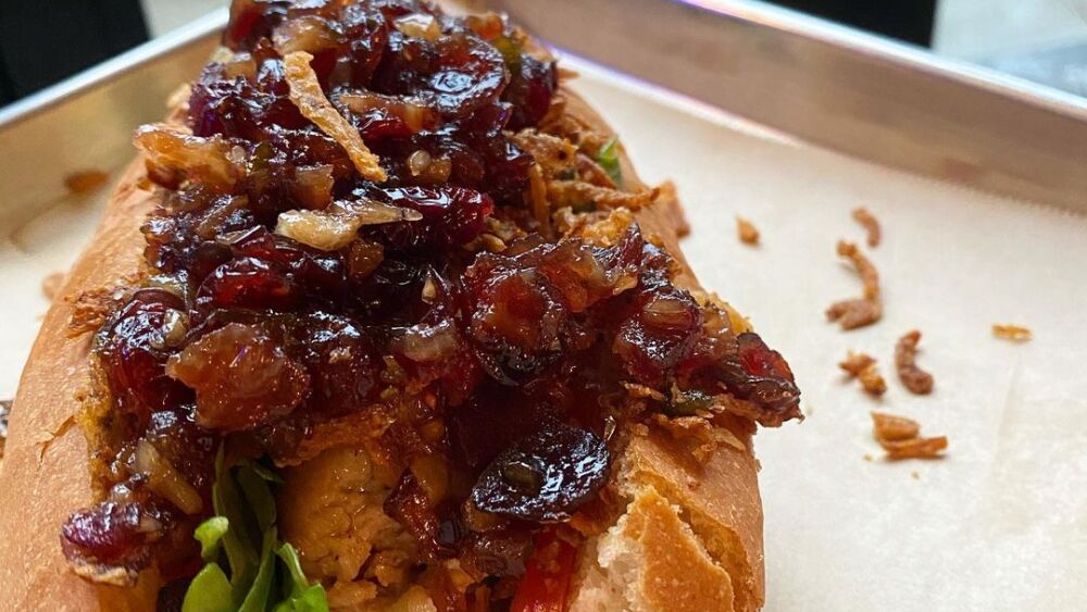 A Bourbon Cherry Bacon Brat from Saus.