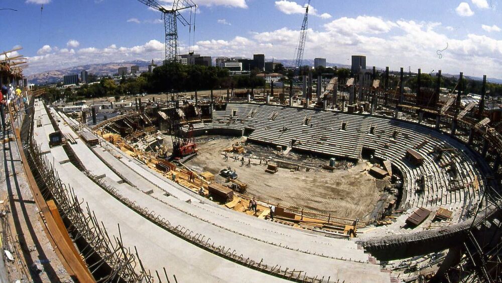 A birds-eye-view of the SAP Center being constructed in 1992.