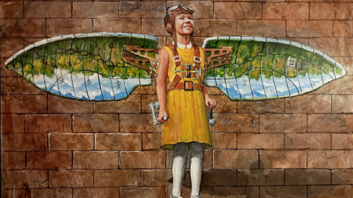 A painting of a child standing in front of a brick wall with wings featuring the reflection of the land below.