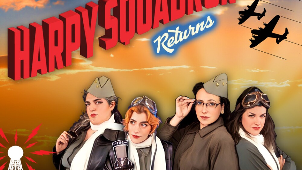 A promotional graphic shows the title "Harpy Squadron Returns" with four female WWII fighters arrayed in various military fatigues.