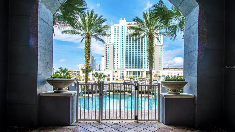 The pool at Parkcrest Harbour Island. Palm trees like the pool and the Marriott hotel is visible in the distance on the other side of the Hillsborough River.