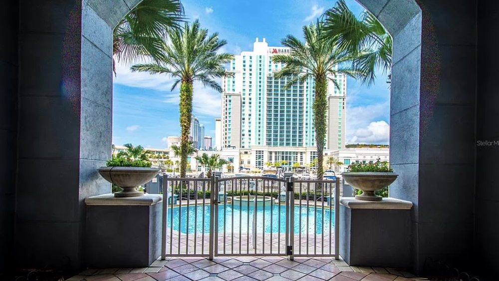 The pool at Parkcrest Harbour Island. Palm trees like the pool and the Marriott hotel is visible in the distance on the other side of the Hillsborough River. 