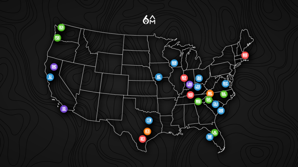 A graphic of the US map with all of the 6AM City cities on it.