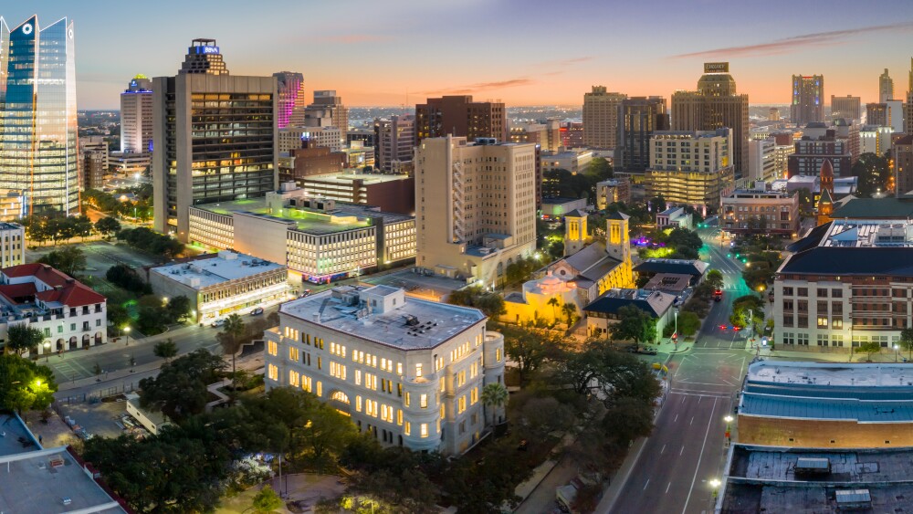 Aerial shot of the downtown San Antonio skyline.