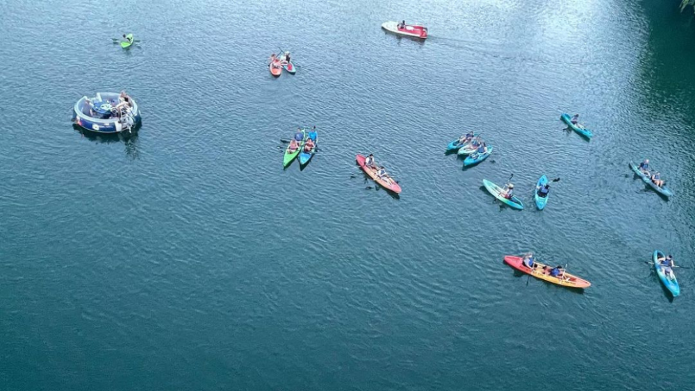 Kayaks on the lake, as seen from above