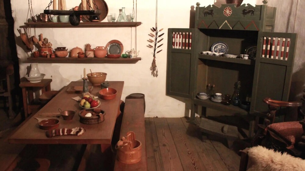 The interior of the Gonzales/Peralta Adobe, featuring recreations of 1700s era furniture, cookware, and dishes.