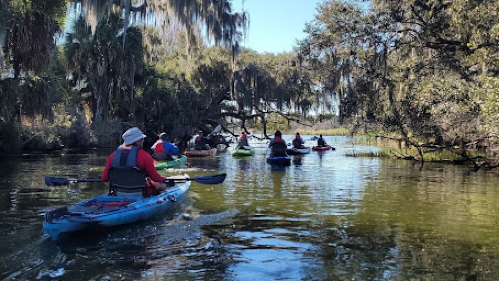 A point-of-view shot of canoeing on a green river with the nose of a red canoe visible at the bottom.